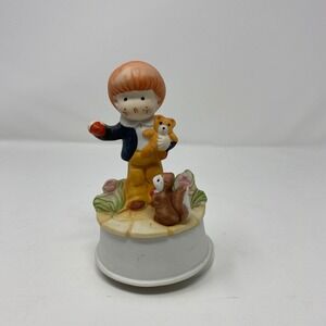 Vintage 1970s Ceramic Music Box Boy Teddy Bear Squirrel Mid Centrury Working